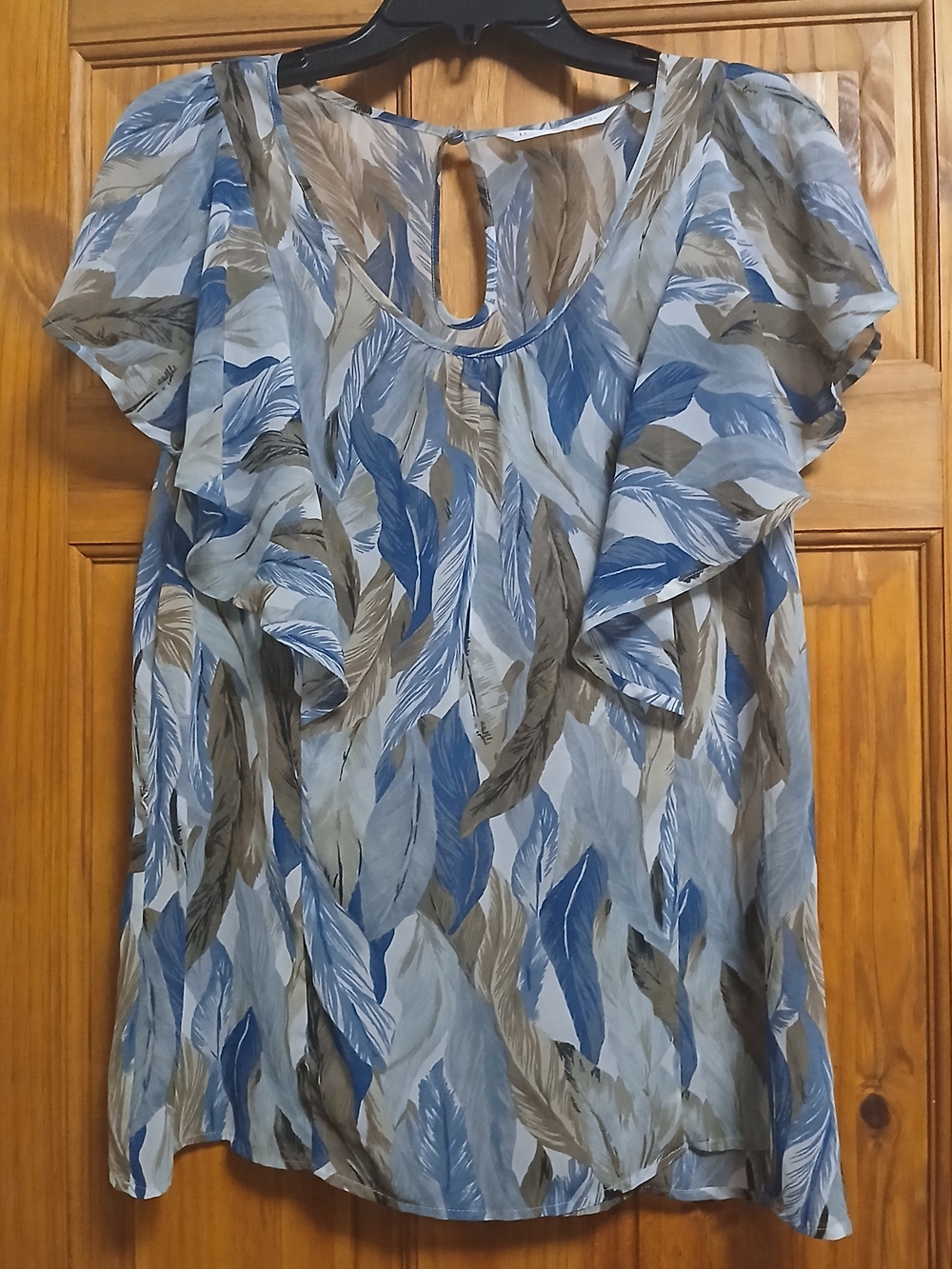 LC Lauren Conrad Blue and Brown Feather Print Ruffle Blouse